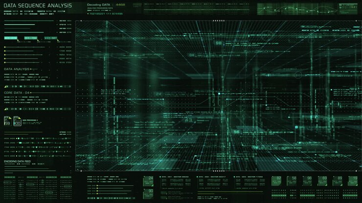 Futuristic holographic data sequence simulation of artificial neural networks intelligence analysis head up display background