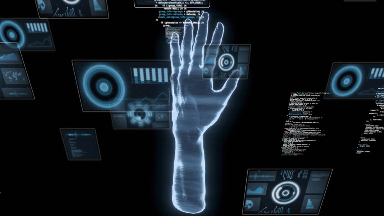 animación de la mano, escaneo de ámbitos y procesamiento de datos sobre pantallas con fondo oscuro.