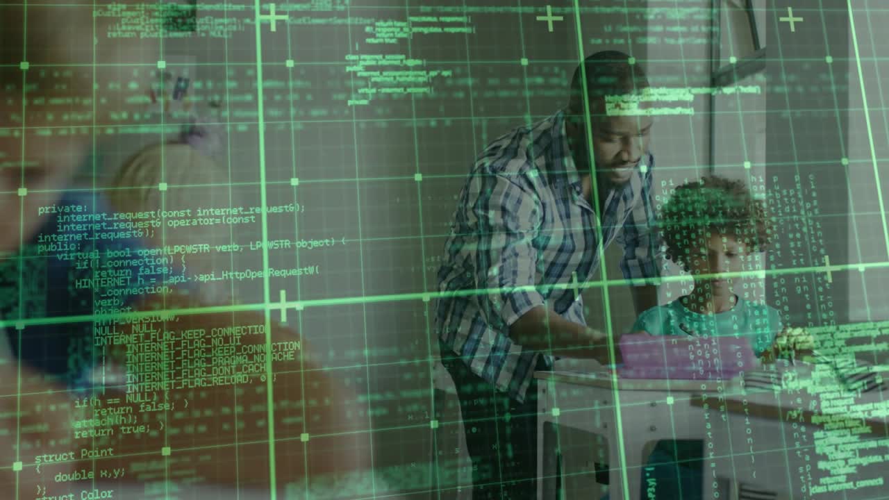 Adult guiding child using purple tablet for education, green code-grid overlay obscuring view