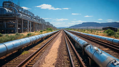 pipelines beside railway tracks under a clear blue sky
