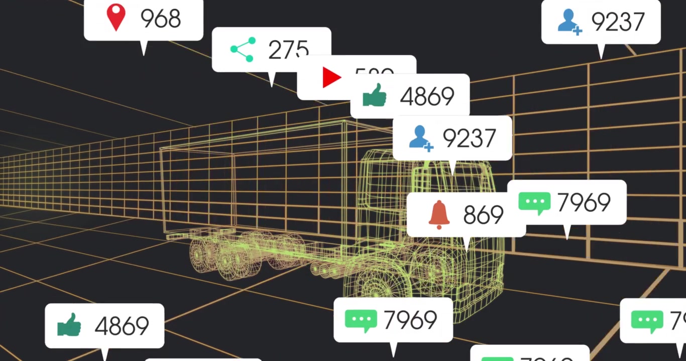 Wireframe-Sattelzug rotiert in 3D-Gitterraum, zeigt schwebende Social-Media-Symbole.