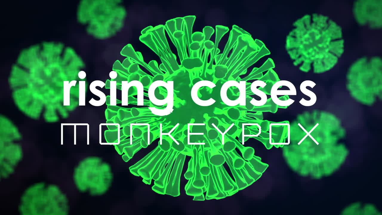 검은 바탕에 있는 원 ⁇ 이 천연두 텍스트와 바이러스 세포의 애니메이션