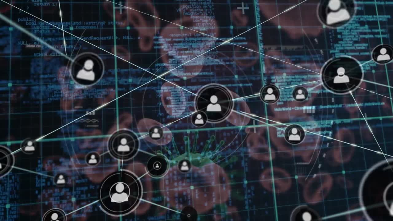 red de iconos de perfil y procesamiento de datos sobre células y vasos sanguíneos de covid-19 en fondo azul