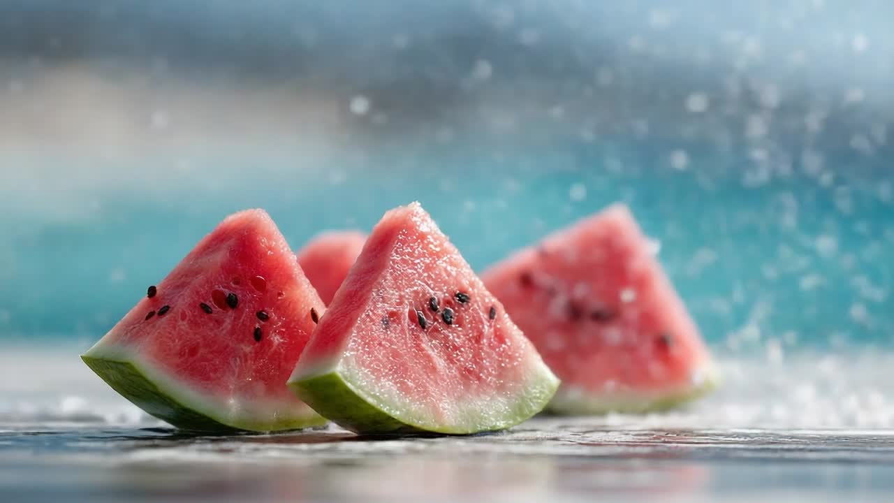 Rodajas de sandía fresca sobre una mesa con salpicaduras de agua cerca de una piscina.