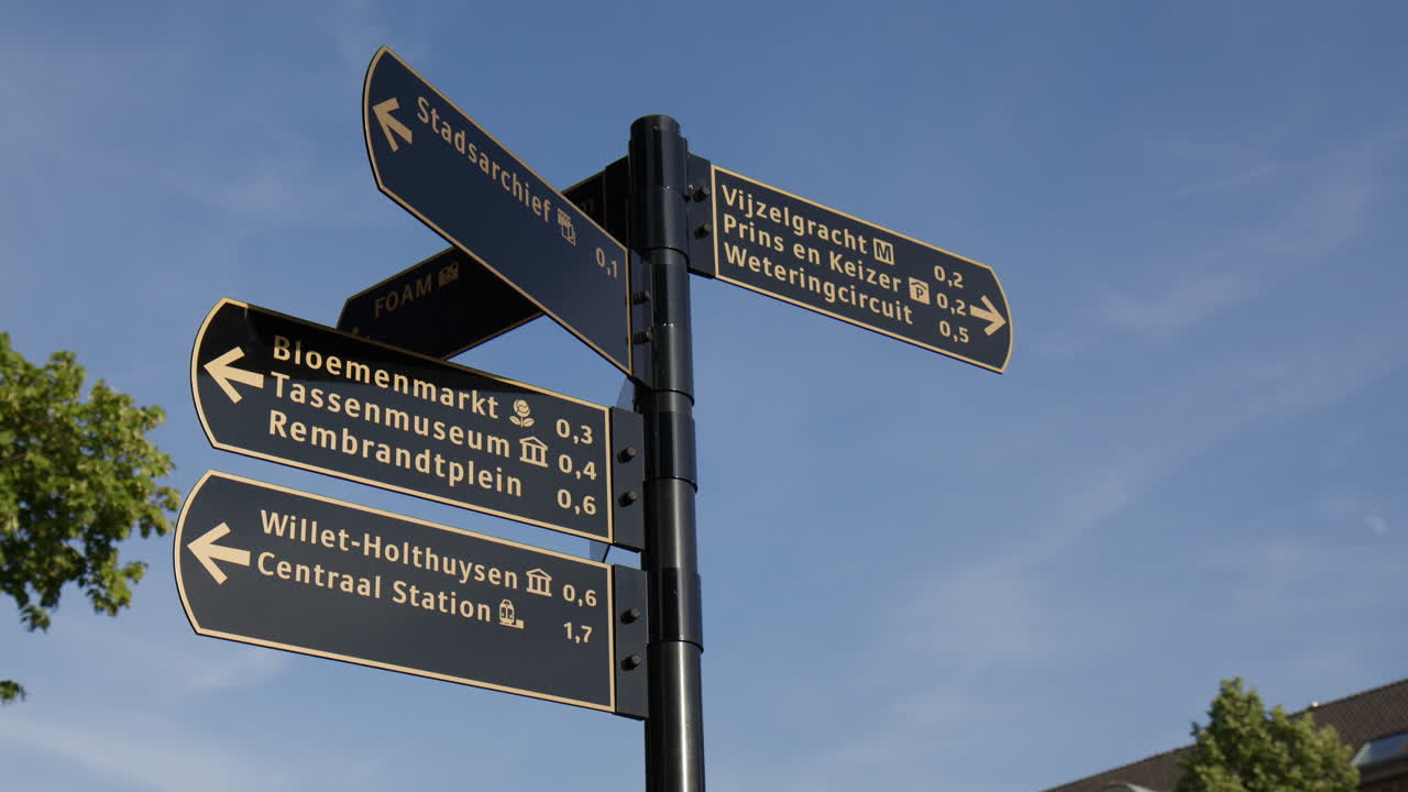 Street Signage of Places in Amsterdam Against Blue Sky in the Netherlands, Close-up shot