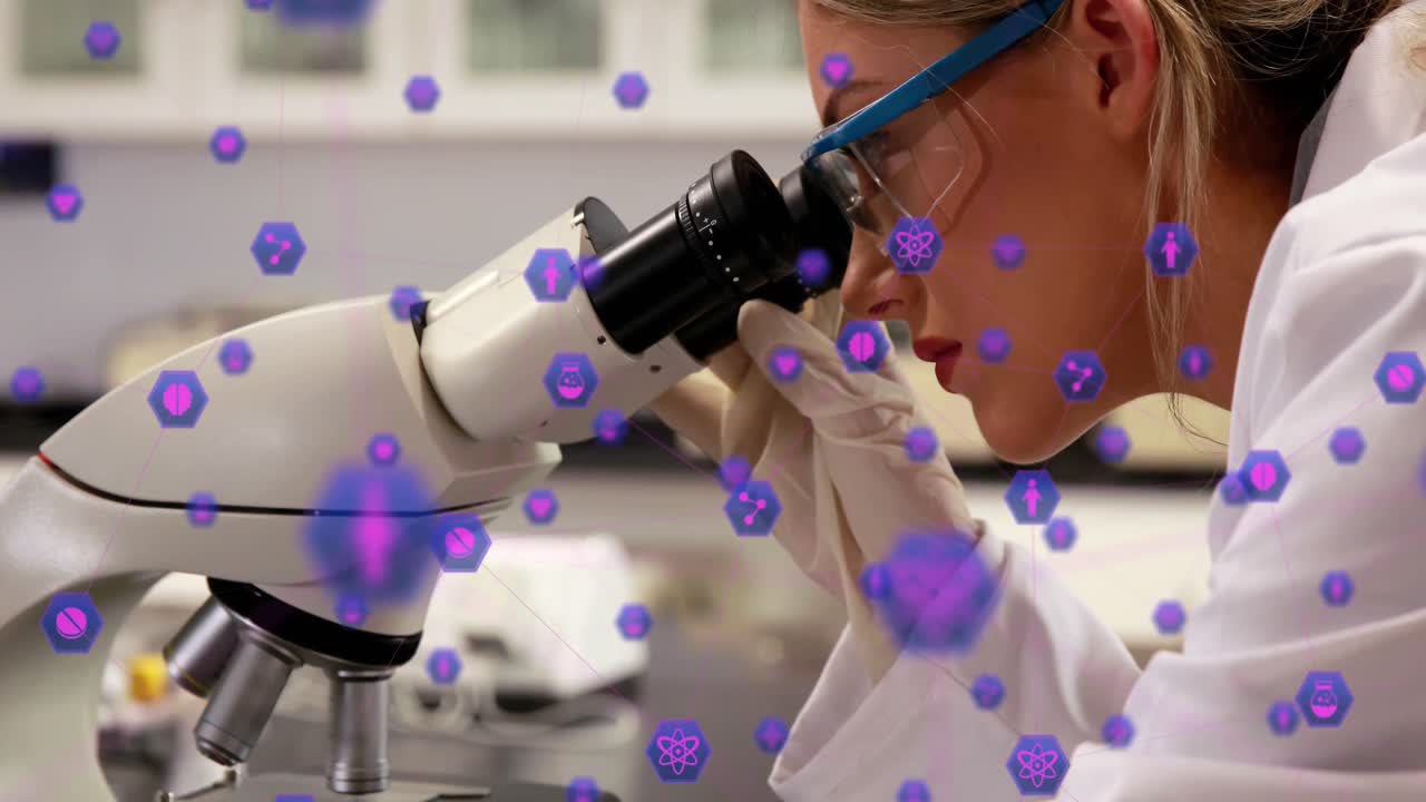 vídeo compuesto digital de la red de conexión con la interfaz de los iconos médicos contra el científico