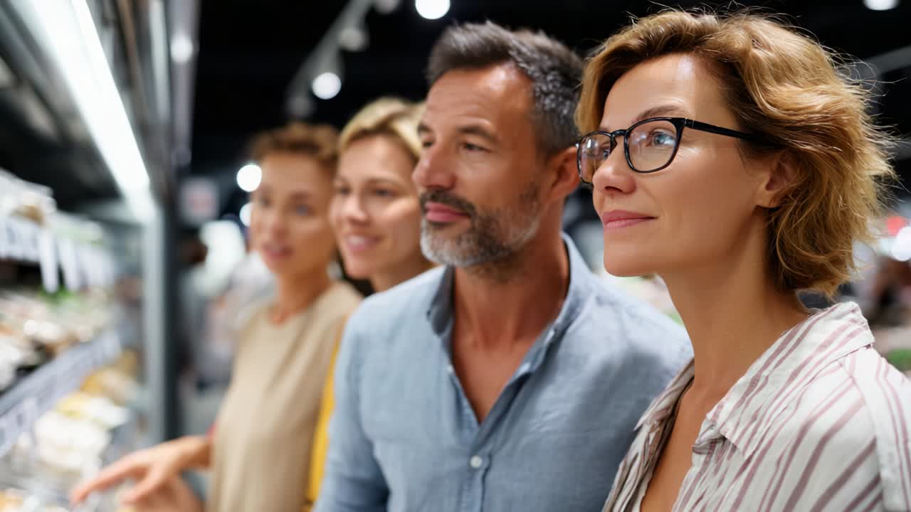 Gruppo di persone diverse che analizzano le scelte nel corridoio affollato di un supermercato, catturando un momento di coinvolgimento e processo decisionale mentre fanno acquisti insieme in un ambiente di vendita al dettaglio moderno