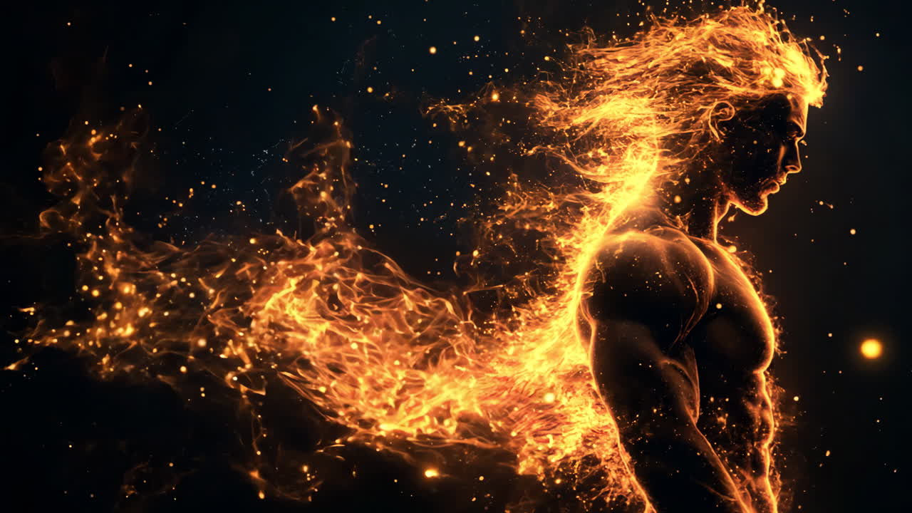 A man with a long, flowing mane of hair is surrounded by a fiery explosion. Concept of power and intensity, as the flames seem to be engulfing the man. The contrast between the man's muscular physique