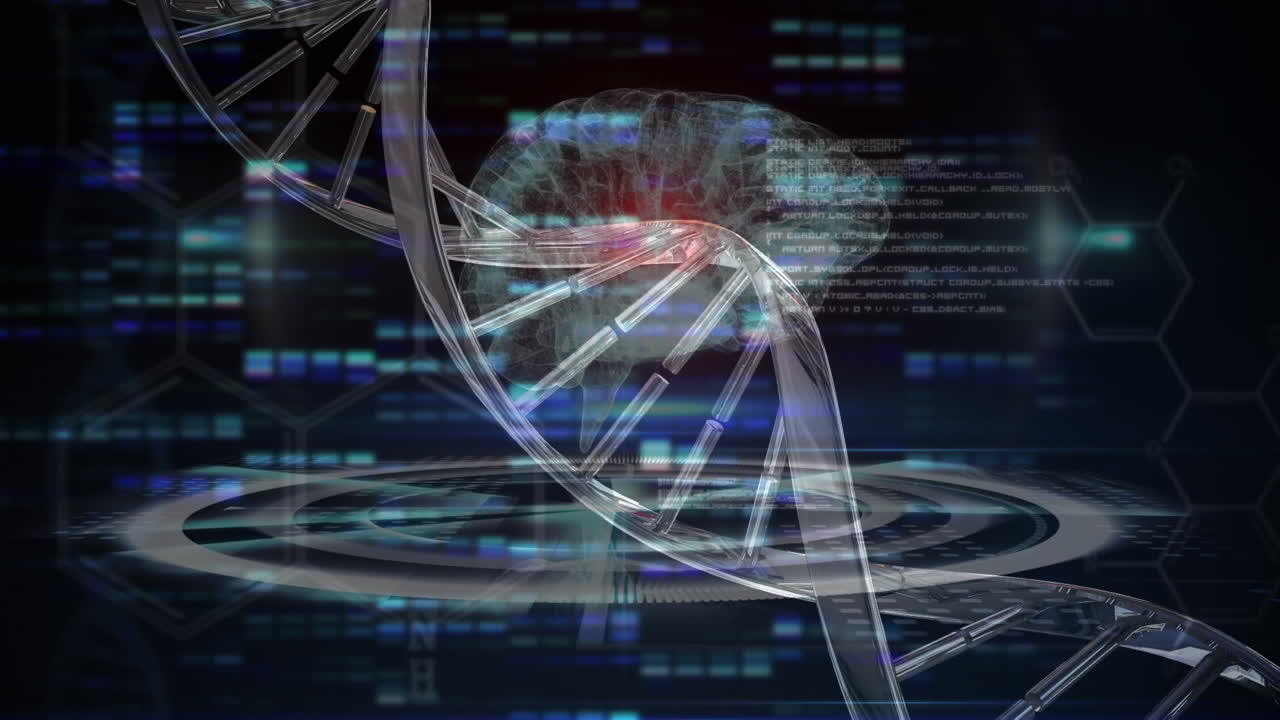 animación del cerebro humano, hilado de cadenas de adn y procesamiento de datos