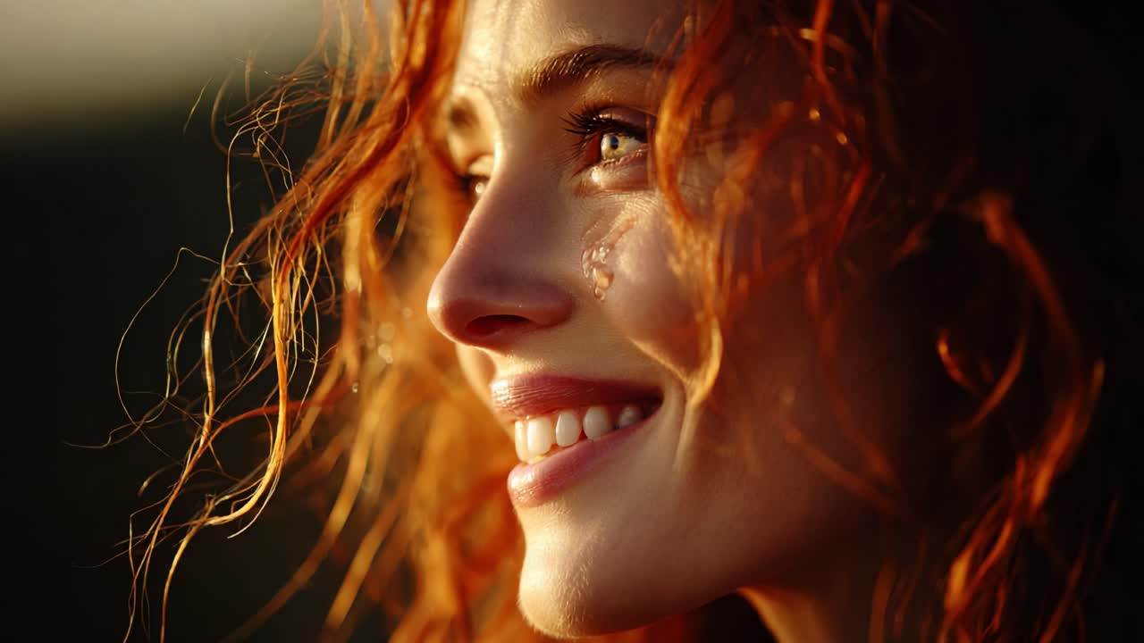 A close-up portrait of a smiling young woman with vibrant red hair, illuminated by soft sunlight, capturing the essence of joy, warmth, and serene beauty in a peaceful moment