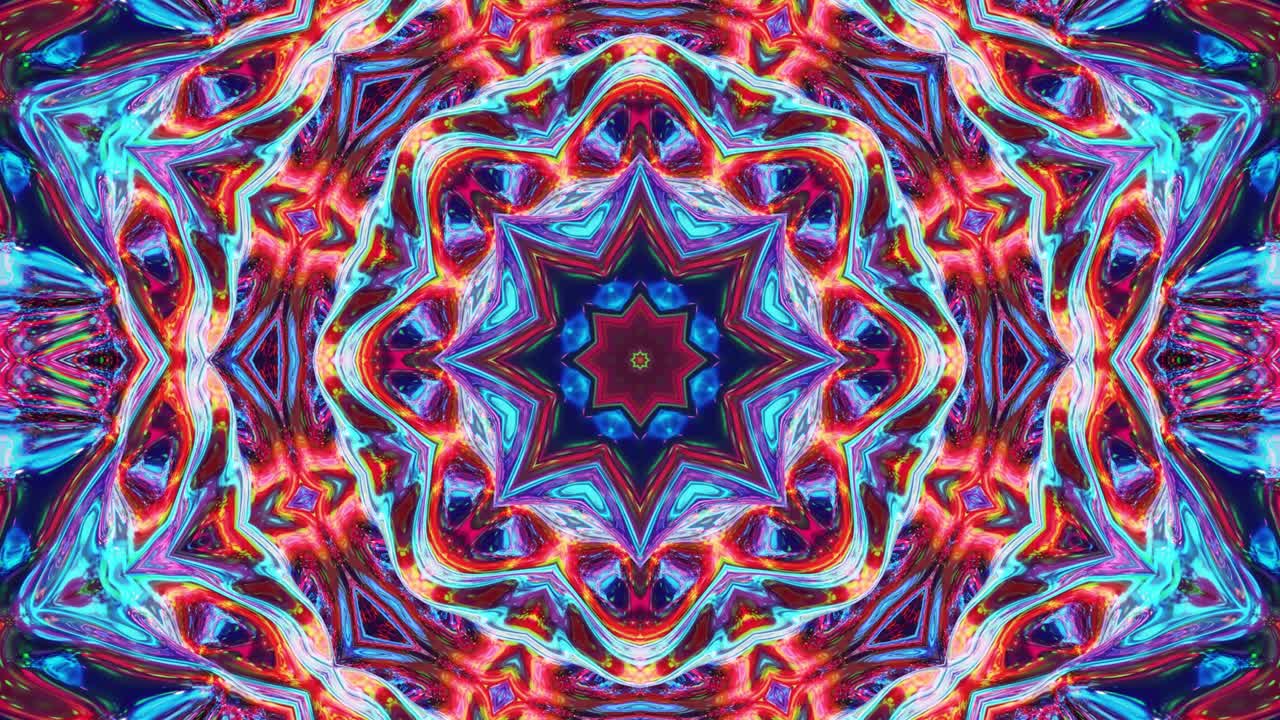 Stylish 3D looped abstract bg with wavy structure. Liquid symmetrical iridescent pattern like kaleidoscope with waves of brilliant liquid glass with beautiful gradient colors. 4k