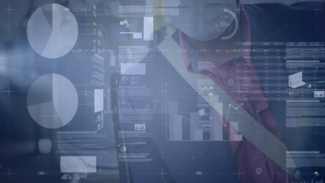 Doctor and executive analyzing data in tech lab, projecting floating digital pie charts bar graphs