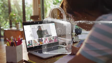 virtual classroom session with digital padlock animation over laptop screen