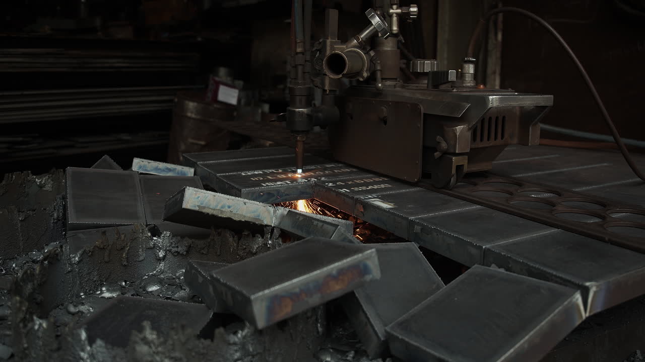 A plasma cutter cuts metal in an industrial company - High energy through heat and electrical power - Special tools in the metal industry - Sparks and fire in high resolution 4K shot
