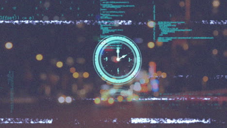 animación de interferencia durante el reloj con el procesamiento de datos y el paisaje urbano