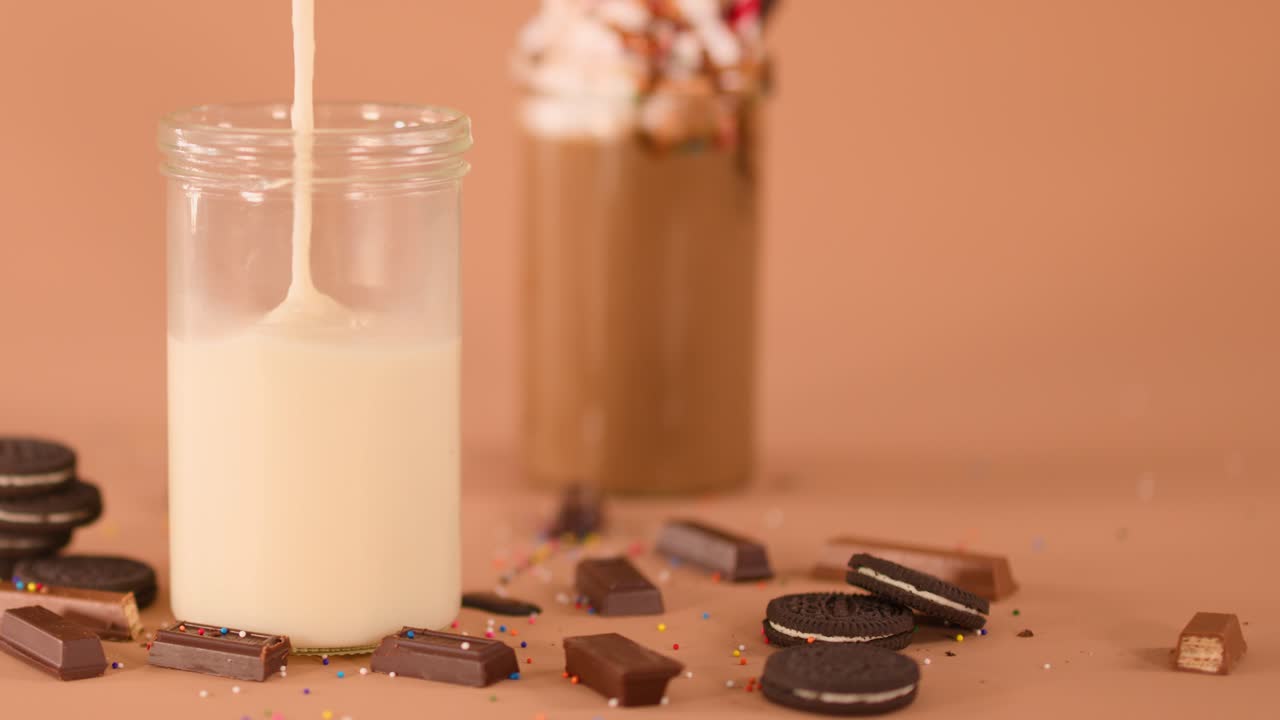 Base cremosa e densa di milkshake versata in un barattolo di vetro tra pezzetti di cioccolato, biscotti e illuminazione calda da studio