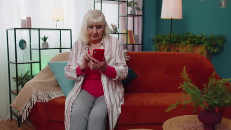 senior old grandmother works on mobile phone, sends messages, makes online purchases at home sofa