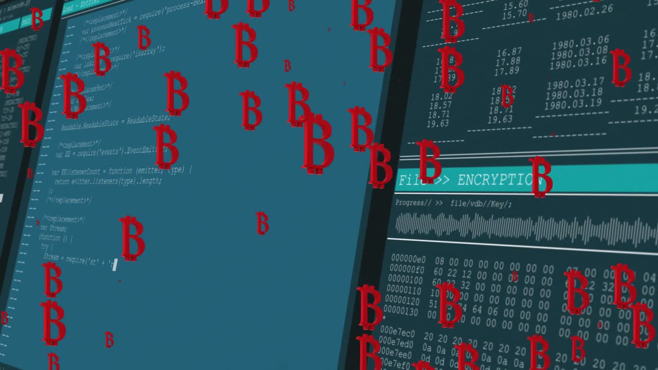 animación de bitcoin parpadeando sobre el procesamiento de datos en las pantallas