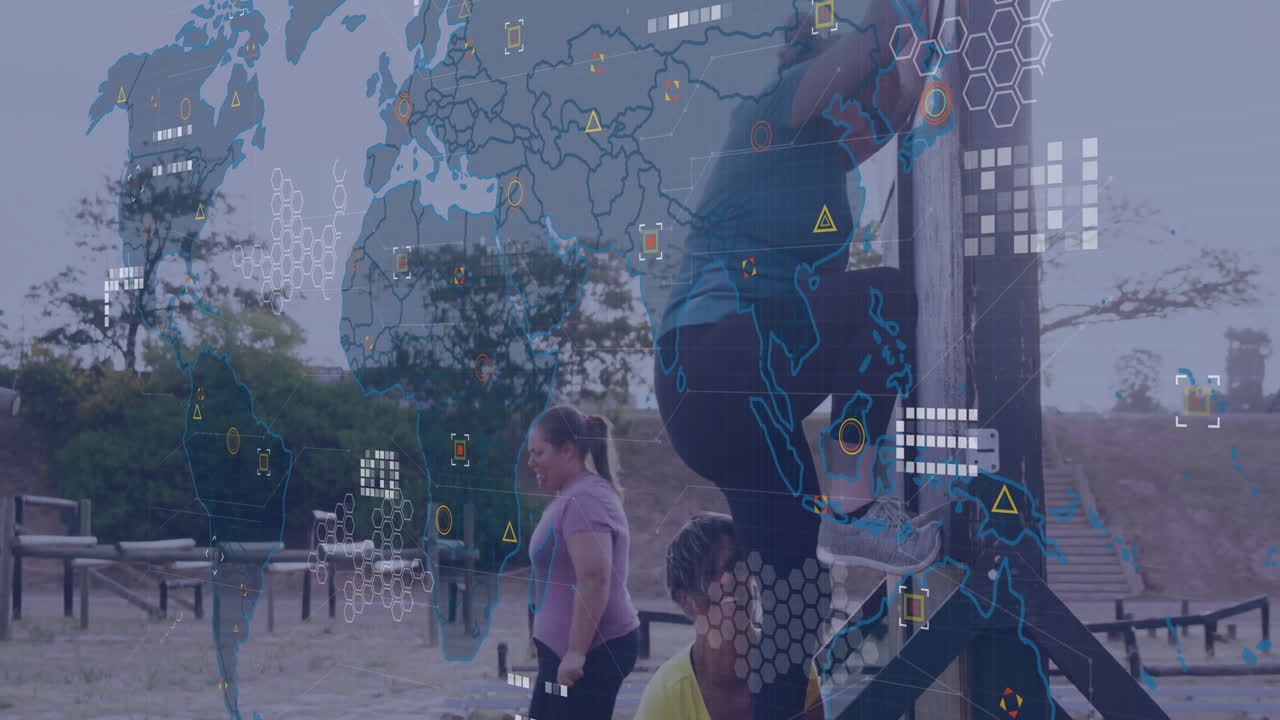 Exercising outdoors, people with global data processing animation overlay visible