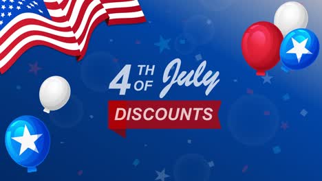 Saludos-Del-4-De-Julio-Por-Un-50%-De-Descuento-En-Una-Tienda-Con-Bandera-Americana,-Fuegos-Artificiales-Y-Globos