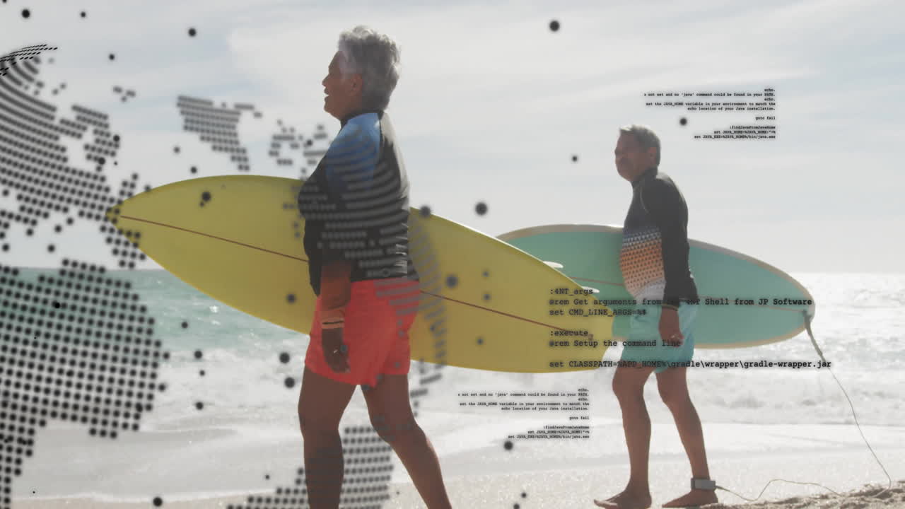 Senior couple walking along beach carrying surfboards, showing tech map overlay and code lines