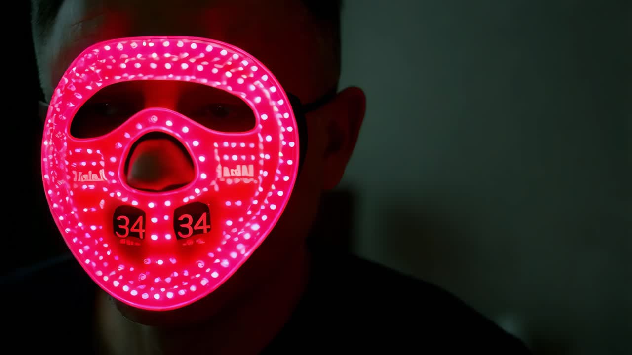 Persona che indossa una maschera facciale LED rosa