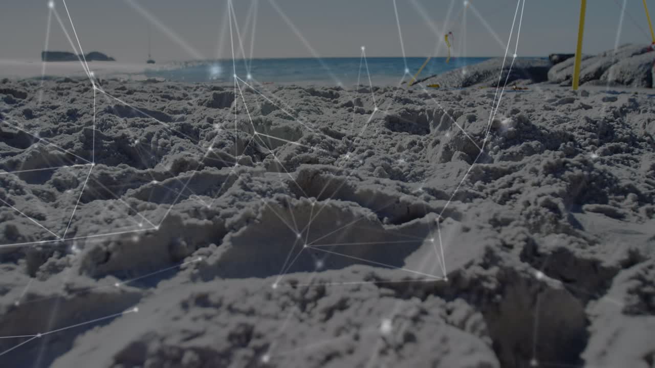 Animation of connections over caucasian woman playing volleyball on beach at sunset
