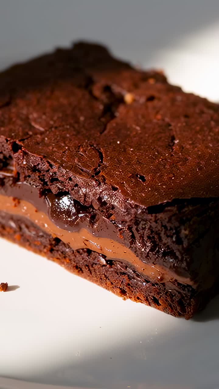 Vertikal video: Kamerazooming av enkelt, firkantet brownie på lys tallerken, fremhever karamell og chip