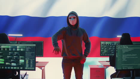 Russian-cyber-criminal-with-anonymous-mask-and-hood-holding-a-skull