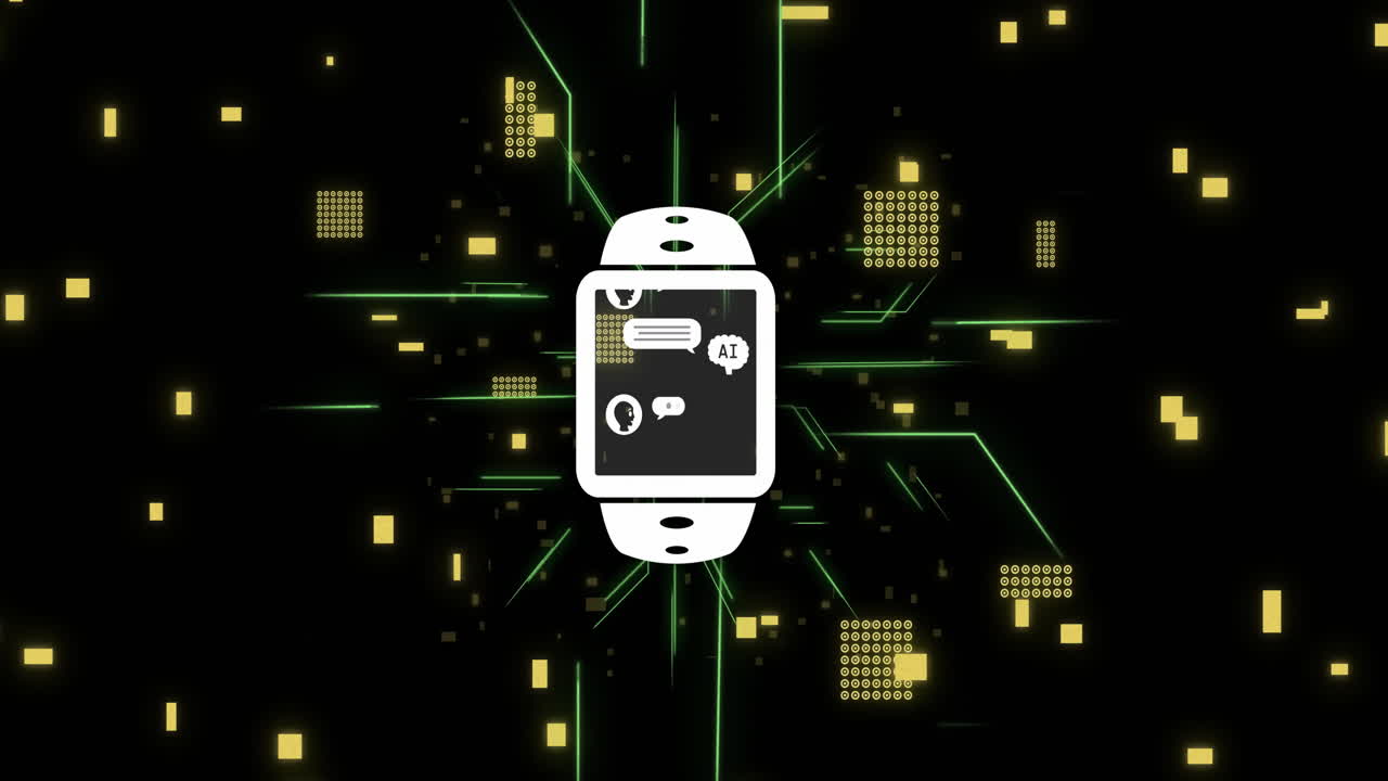 animación del procesamiento de datos ai a través de smartwacth y placa de circuitos informáticos