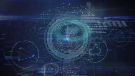 Animation-of-network-of-connections,-moving-clock-and-data-processing-in-navy-space