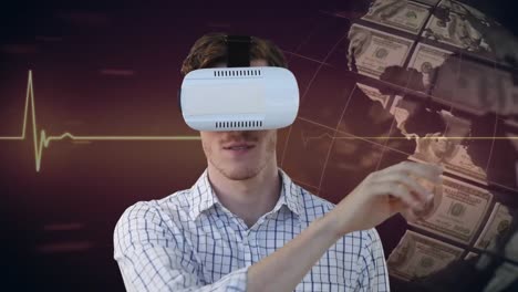 Animation-of-businessman-wearing-vr-headset-and-globe-formed-with-american-dollar-banknotes