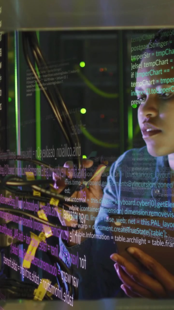 Animation of data processing over african american woman working in server room
