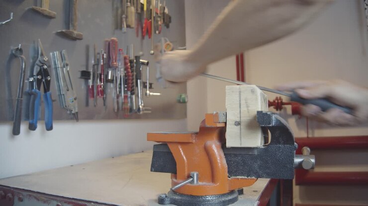 Sanding Vice Clamped Wood With Hand File in Workshop Wide