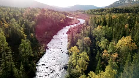 drone flight over a hiker and his tent and following a river upstream