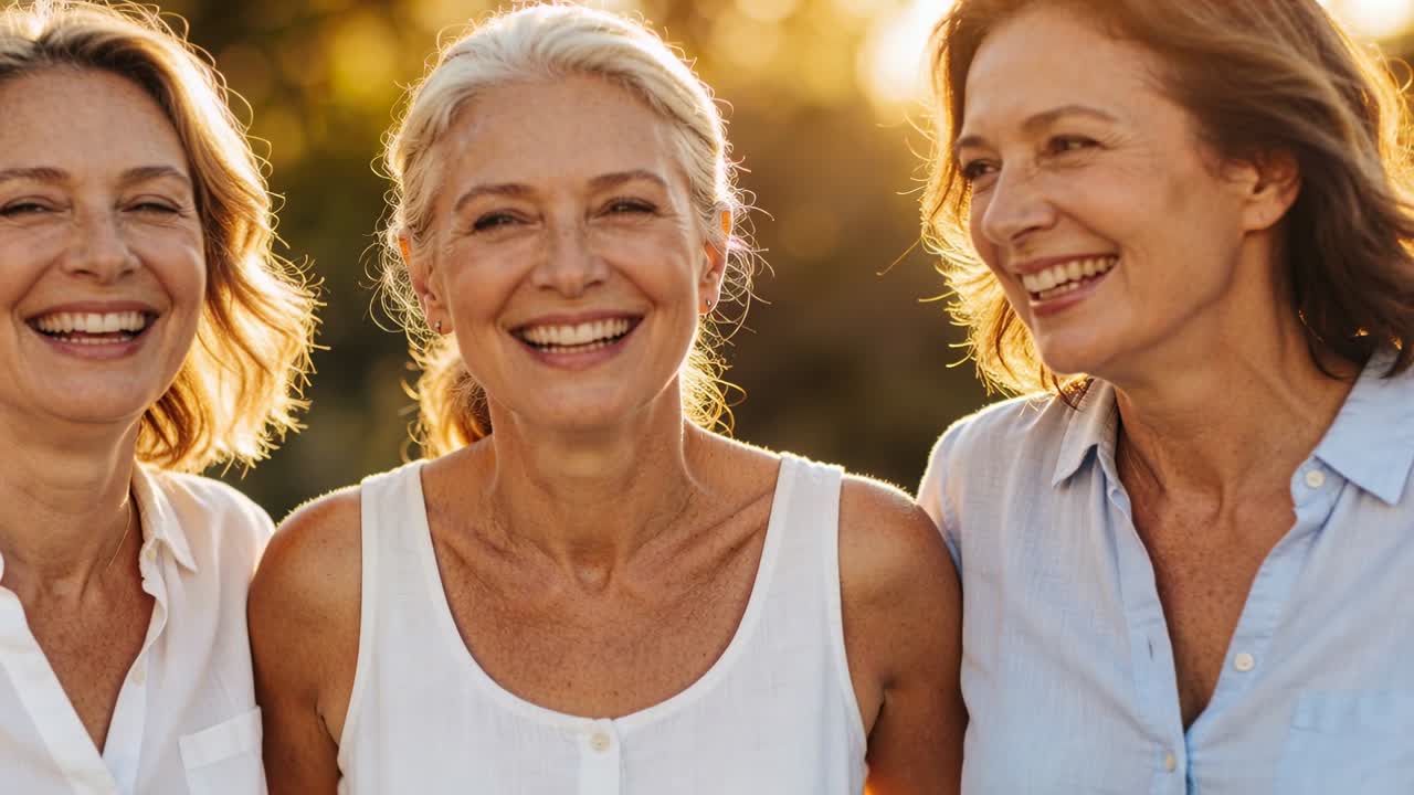 Three senior women smiling and laughing in park backlit, in white, blue tops, reacting to camera