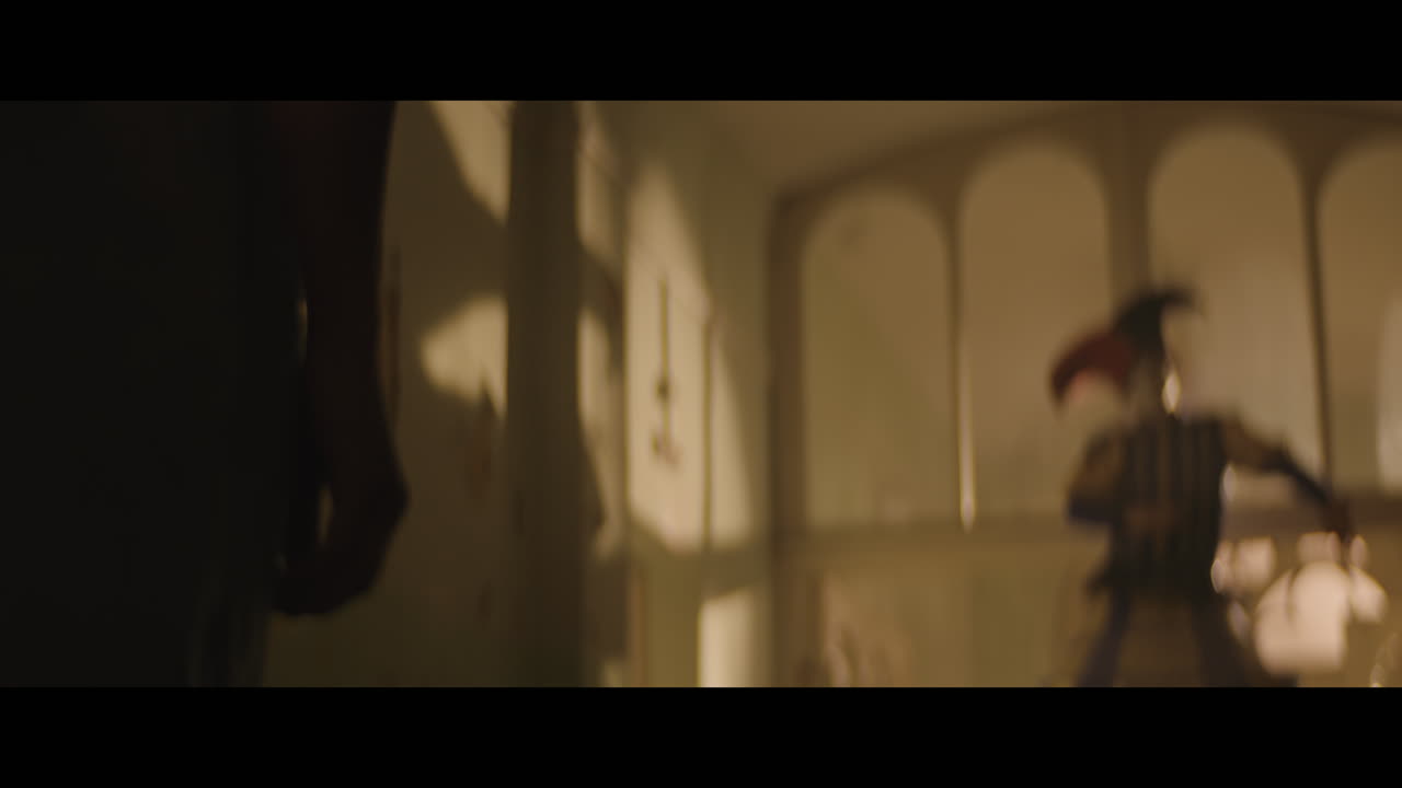 A girl and strange clown on stilts in a dark corridor at night