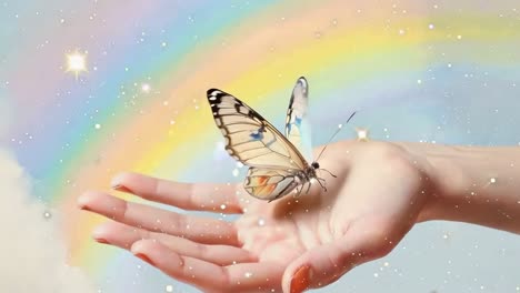 a close-up video captures a butterfly on a hand, set against a dreamy, pastel sky with a rainbow