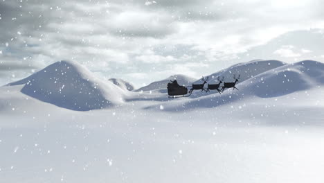 animation of santa claus in sleigh with reindeer passing over snowy winter scenery