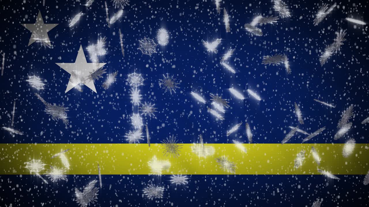 bandera de curacao caída de nieve en bucle, año nuevo y fondo de navidad, bucle