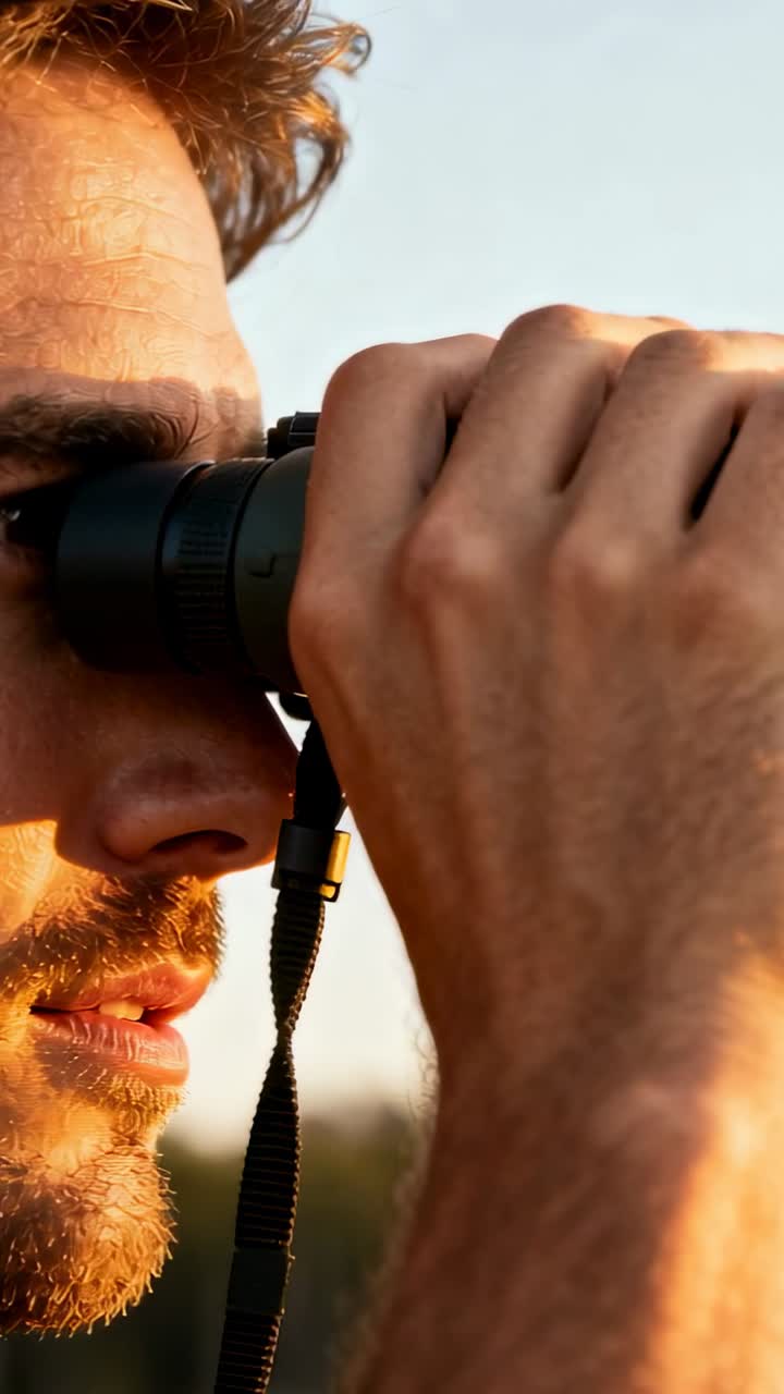 Vertical video: Bringing binoculars up, adult man peering at treeline to scan, bare forearm visible