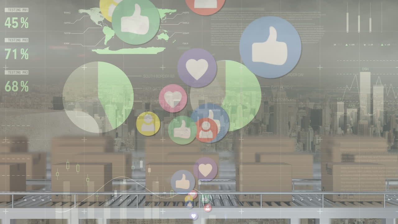 컨베이어 벨트와 도시 풍경에 있는 상자 위에 아이콘과 금융 데이터 처리의 애니메이션