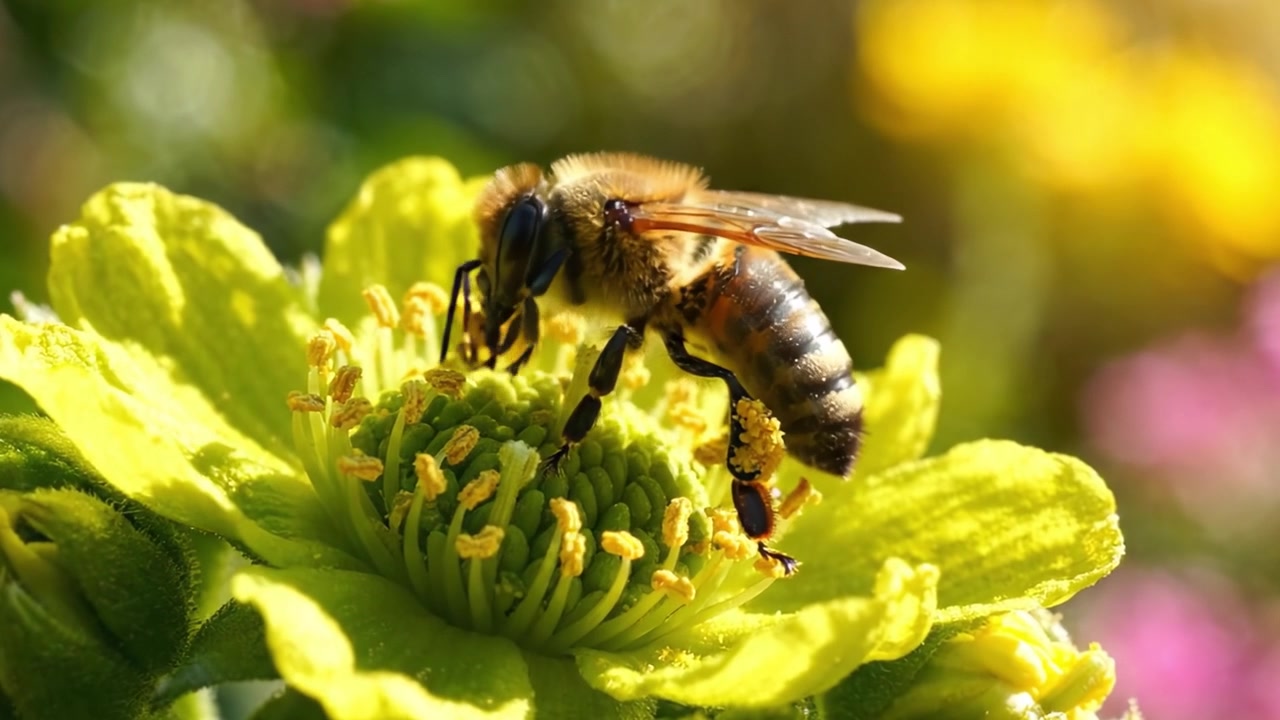 Um Encontro Próximo com a Natureza: Uma Abelha Polinizando uma Flor Amarela Vibrante Revelando os Detalhes Intrincados da Bela Harmonia da Natureza