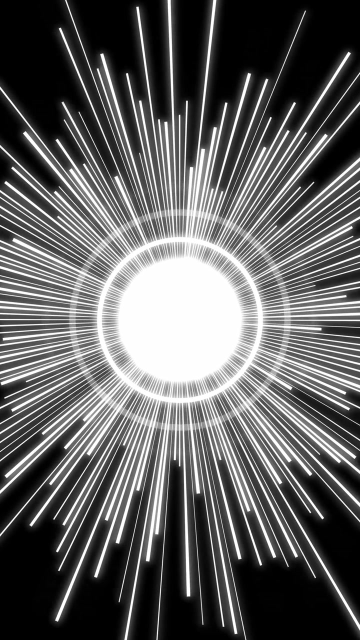 Vertikales Video von weißen, radialen Anime-Energielinien, die in einem hellen Zentrum auf schwarzem Hintergrund zusammenlaufen.