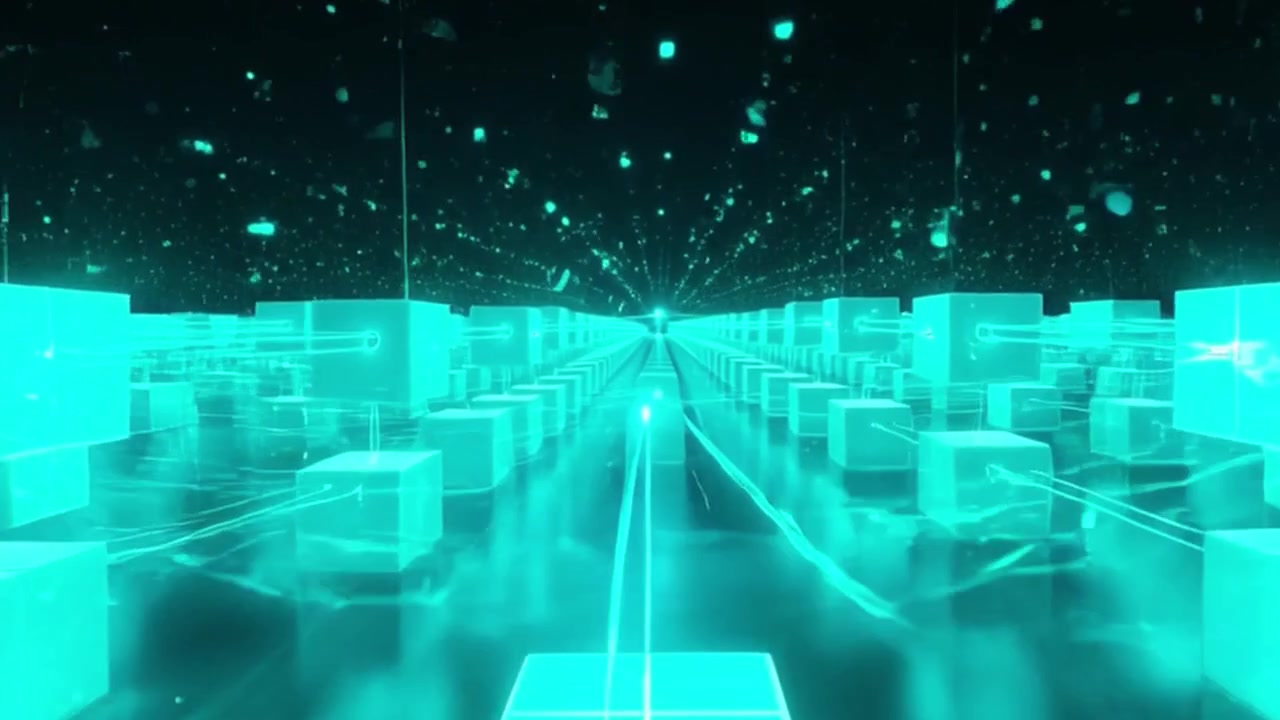 Abstract Digital Network Visualization with Glowing Cyan Cubes