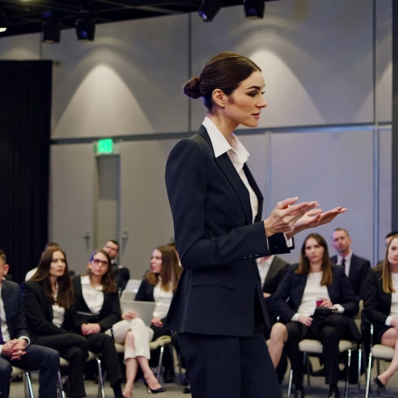 A professional woman in a suit speaks confidently to an audience in a conference room