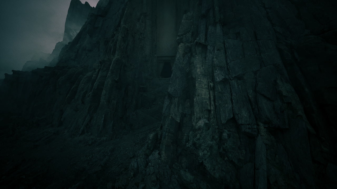 Enigmatic rock face with concealed doorway amidst fog and darkness