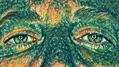 Animación-Conceptual-De-Ecología-Artística-De-Ojos-Femeninos-Humanos-En-Movimiento-En-Textura-De-Follaje-Verde