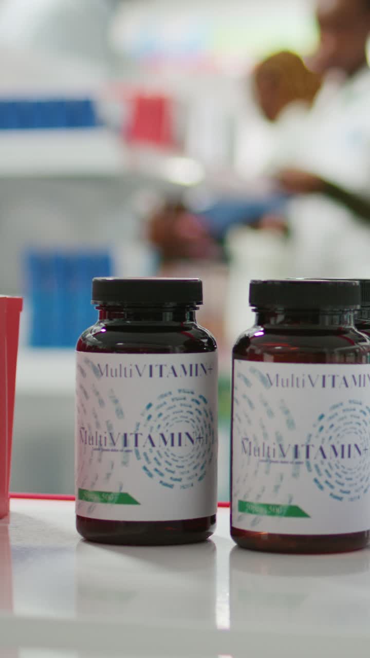 Vertical video: African american client taking pills from shelves
