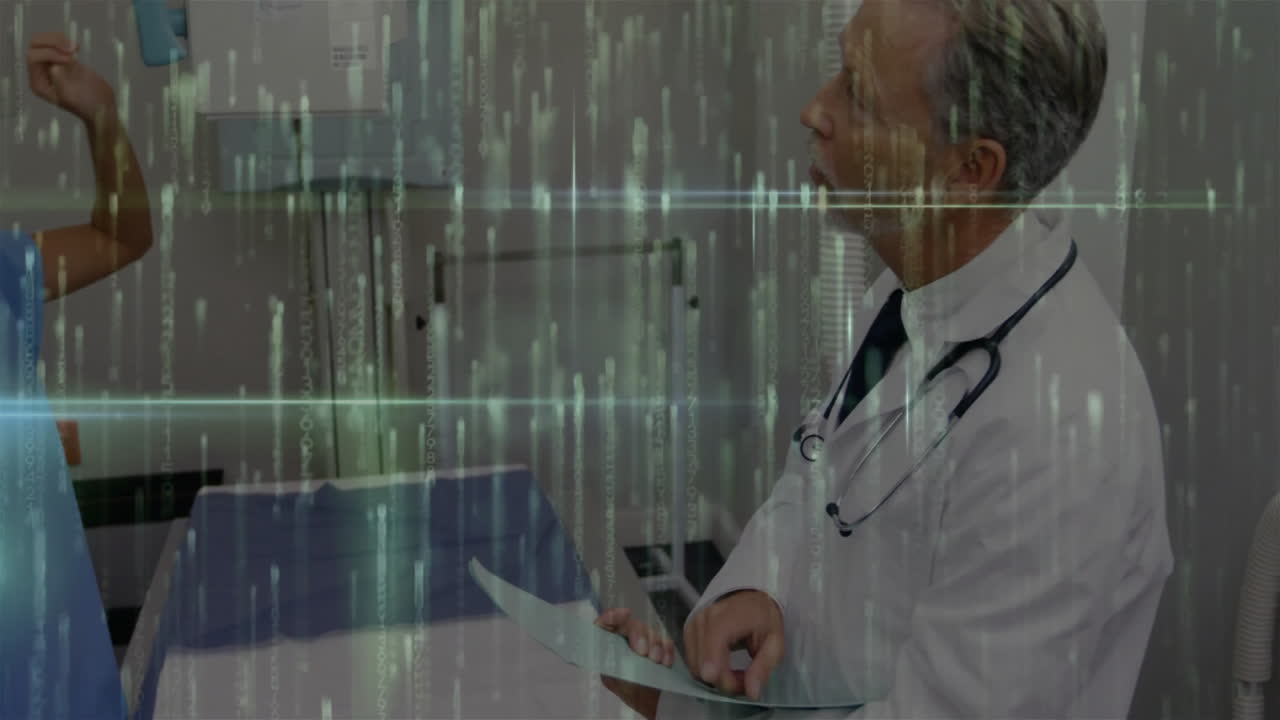 Doctor reviewing chart with patient in exam room, overlaying code stream visualizing health data
